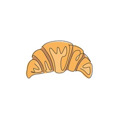 Single continuous line drawing of stylized sweet croissant shop logo label. Emblem pastry restaurant concept. Modern one line draw design vector illustration for cafe, store or food delivery service