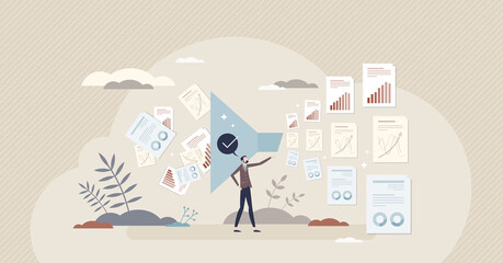 Data wrangling and information sorting with right order tiny person concept. Big data info sorting and processing using digital funnel document analysis vector illustration. Quality order selection. - obrazy, fototapety, plakaty