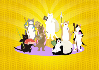 7匹の猫が七福神になって新年を祝う