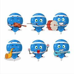 Cartoon character of blue lolipop wrapped playing some musical instruments