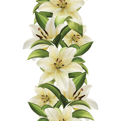 Fototapeta premium Floral border. White lily flowers seamless pattern.