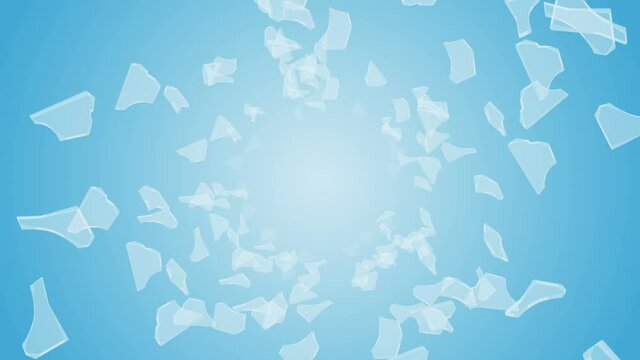 Many broken glass floating in air on blue background. Business damage concept. Sharp piece of splitted clear glass. Loop animation.