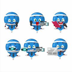 Character reporter blue lolipop wrapped cute mascot with microphone