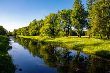 Catherine palace and park in summer evening, oak trees with reflection in Vittolovskiy channel, Tsarskoe Selo, Pushkin