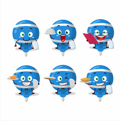 happy blue lolipop wrapped waiter cartoon character holding a plate