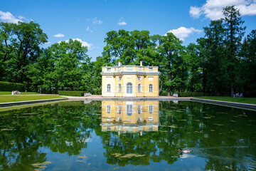 Tsarskoye Selo, Saint Petersburg, Catherine garden, The Upper Bath Pavilion with reflection in pond...