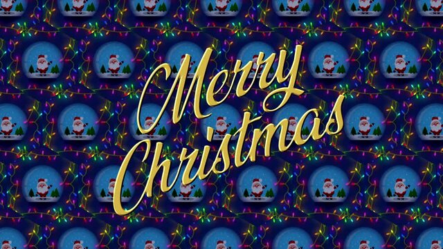 Festive Christmas animated wrapping paper background, with waving Santa in a snowglobe and flashing fluttering fairy lights on a dark blue background, with write-on animated Merry Christmas message