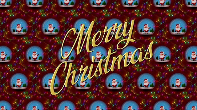 Festive Christmas animated wrapping paper background, with waving Santa in a snowglobe and flashing fluttering fairy lights on a deep red background, with write-on animated Merry Christmas message