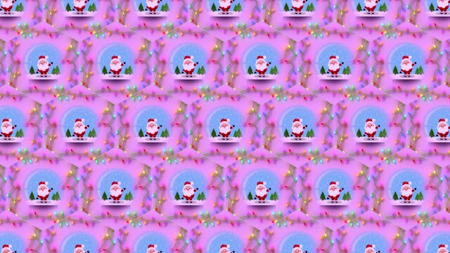 Festive Christmas animated wrapping paper background, with waving Santa in a snowglobe and flashing fluttering fairy lights on a vivd pink background, with write-on animated Merry Christmas message