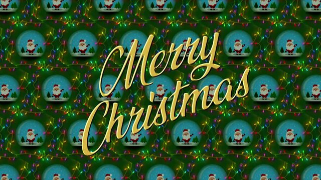Festive Christmas animated wrapping paper background, with waving Santa in a snowglobe and flashing fluttering fairy lights on a dark green background, with write-on animated Merry Christmas message