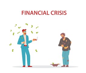 Financial crisis and economic collapse concept with rich and poor men. Bankruptcy and unemployment problems of economic crisis, flat vector illustration.
