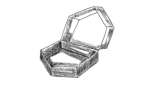 Self-drawing sketch an empty open box on a white background. Stock video illustrating the packaging. 4k video with a candy wrapper. Mini container for adding items to the whiteboard animation.