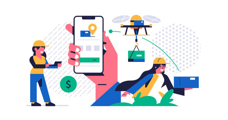 Online parcel delivery service concept. Mobile app concept. Hand holding phone with parcel delivery application on display. A woman controls a flying drone. Courier with box. Flat vector illustration