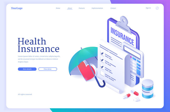 Health Insurance Banner. Concept Of Healthcare, Personal Medical Protection. Vector Landing Page With Cartoon Illustration Of Clipboard With Claim Form, Umbrella, Heart, Calculator And Pharmacy Drugs