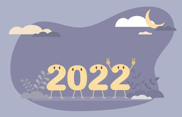 Happy new year 2022 new year begins cartoon character 2 holding up two fingers showing happiness. Vector Illustration Eps10.