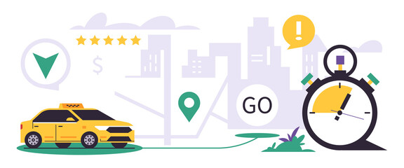 Online taxi ordering service. City yellow taxi. Transportation of people in a yellow car. City, stopwatch, map, pin, five stars. Vector illustration isolated