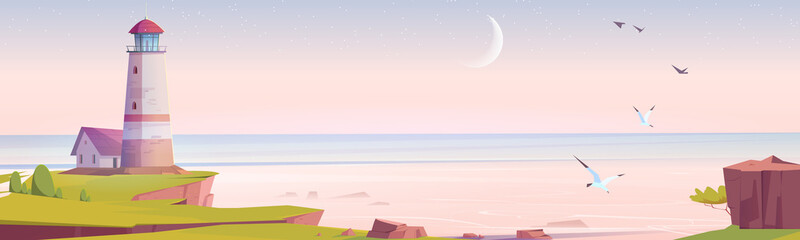 Lighthouse at early morning sea shore, beacon building at scenery nature ocean landscape. Nautical seafarer on rocky coast under pink sky with gulls. Marine sailing light, Cartoon vector illustration © klyaksun