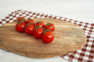 food wooden board cherry tomatoes organic view from above