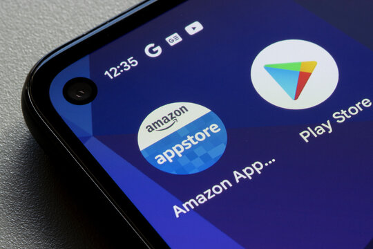 Portland, OR, USA - Dec 5, 2021: Amazon Appstore and Google Play Store icons are seen on a Google Pixel smartphone.