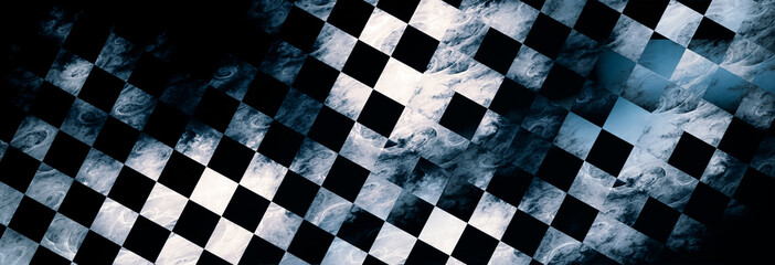 Whimsical abstract pattern. Checkered background. There is grain and blur, grunge performance. 