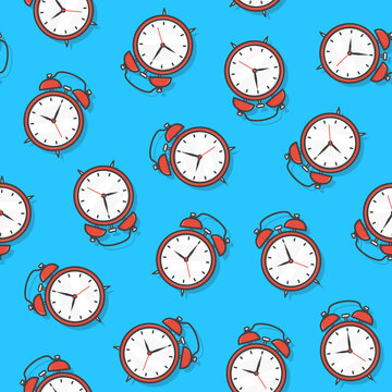 Alarm Clocks Seamless Pattern On A Blue Background. Clock Theme Vector Illustration