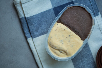 Chocolate chips and chocolate ice cream.