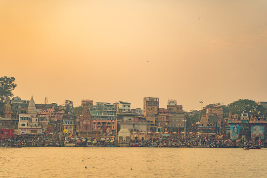 Ancient Varanasi city architecture at sunset
