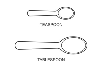 Teaspoon and tablespoon icons top view. Cutlery, kitchen utensils, cooking measuring tools. Vector outline illustration. - obrazy, fototapety, plakaty