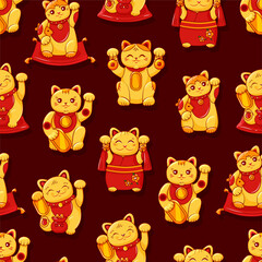 Golden cute Japanese cats of Good luck Maneki Neko seamless pattern. For printing on paper and fabric. Symbol wealth. Vector cartoon background