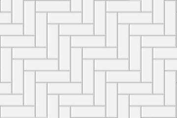 White herringbone tile seamless pattern. Kitchen backsplash or bathroom floor surface. Subway stone or ceramic brick wall background. Vector flat illustration.
