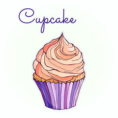Cupcake in pastel pink and purple colors. Sweet delicious dessert food, yummy pastries. Colorful vector illustration isolated on white background. Outline freehand drawn.