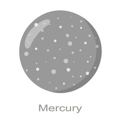 Mercury planet icon with name isolated on white background. Smallest planet in Solar system. True color. Universe element. Kids planetary. Vector cartoon illustration.
