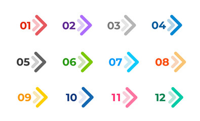 Colourful arrows set. Web arrows collection. Presentation bullet points from one to twelve. - obrazy, fototapety, plakaty