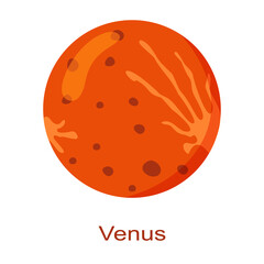 Venus planet icon with name isolated on white background. Second planet from the Sun in Solar system. Universe element. Kids planetary. Vector cartoon illustration.