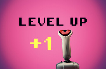 A joystick in front of a vaporwave 8-bit style videogame screen, with the text Level up - Plus one. Flamboyant pink vignetted background.  © Grenar