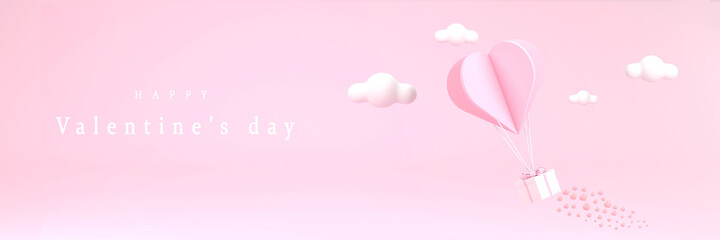 Pink heart balloon and gift box on pink sky background Valentine's day concept.