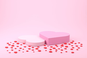 Two heart shaped podiums for Valentines day in 3D rendering. Product display with valentine’s day concept.  sweet heart.