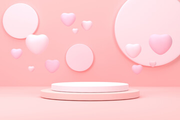 Pink podium, pink heart on pink background. Business concept showcase.