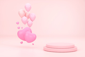 pink circle podium with pink heart and bolloons. Valentine's day concept. Mock-up showcase for product.
