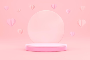 Pink podium and pink heart on pink background. Business concept showcase.