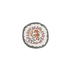 Single continuous line drawing of stylized fresh maki sushi bar logo label. Emblem seafood restaurant concept. Modern one line draw design vector illustration for cafe, shop or food delivery service