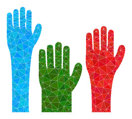 Low-poly voting hands icon image is constructed with scattered filled triangles. Triangulated voting hands polygonal icon vector illustration. Voting Hands icon is filled with triangles.
