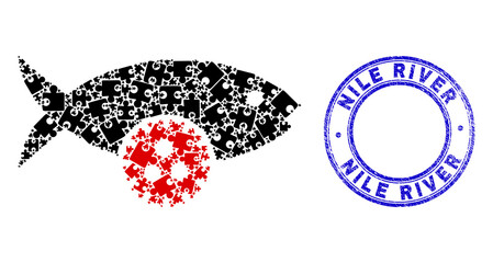 Puzzle fish virus mosaic icon with Nile River seal. Blue vector rounded distress seal with Nile River caption. Abstract composition of fish virus icon created of puzzle elements.