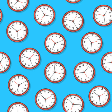Clocks Seamless Pattern On A Blue Background. Watch Time Clock Theme Vector Illustration