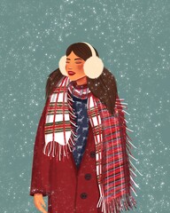 Postcard poster with congratulations for christmas and new year girl in winter rejoices as it snows