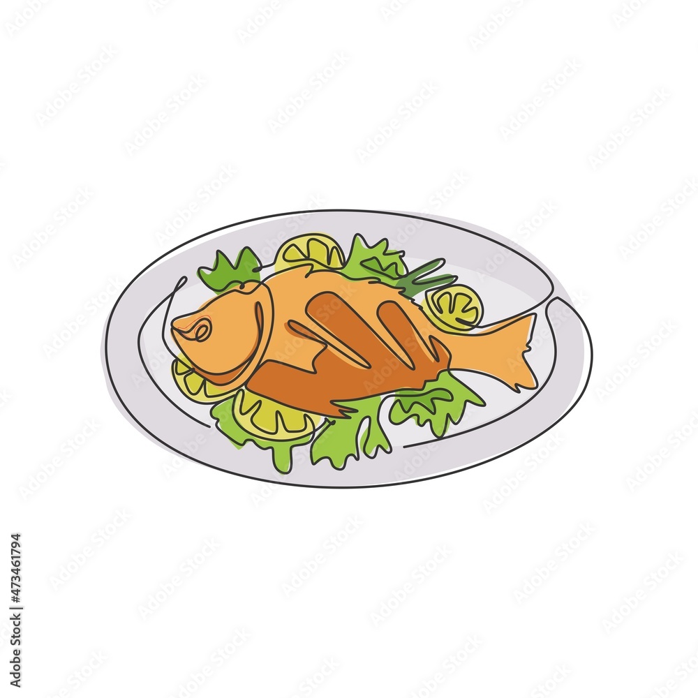 Wall mural one continuous line drawing fresh delicious baked sea fish on plate restaurant logo emblem. seafood 