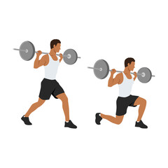 fitness, sport and exercise concept - smiling sporty man with barbell doing split squat or lunge