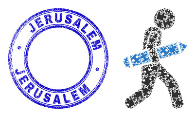 Puzzle pencil courier mosaic icon with Jerusalem badge. Blue vector rounded scratched stamp with Jerusalem message. Abstract mosaic of pencil courier icon created of puzzle parts.