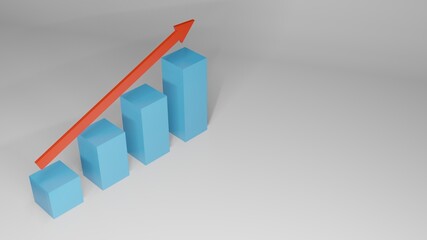3D Three Dimensional Illustration of Rising Bar Chart in Blue Color with Red Arrow Direction with Negative Space. Perfect For Business Presentation Template Illustrations
