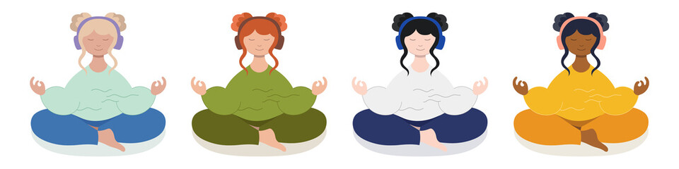 Lotus meditation with headphones - set of girls, isolated vector. Meditating women characters sit on floor with closed eyes